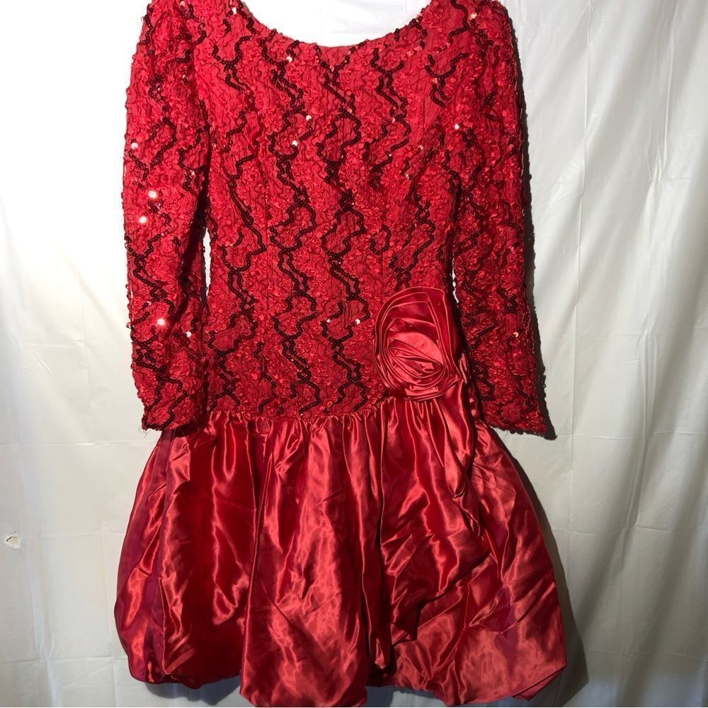 Vintage 80’s Red Sequin Dress Long Sleeve Size 9-10